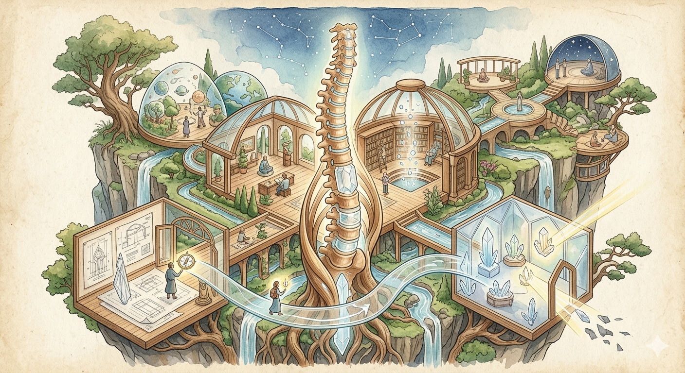 Hada Hogar digital ecosystem diagram featuring a glowing central spine and transparent glass domes for Hada Spine, Hada Book, and Hada Video knowledge base.